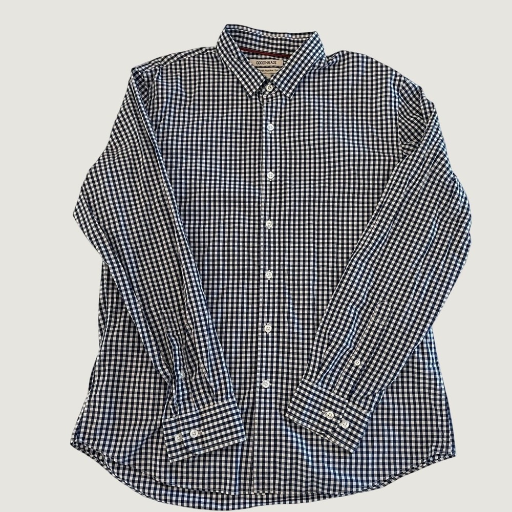 Goodthreads Mens Standard Fit Gingham Button Down Shirt Navy Blue White Large L